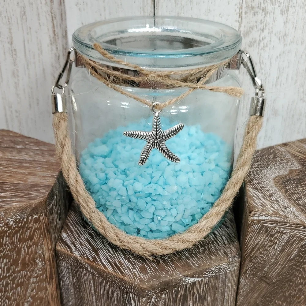 Glass Jar Vase with Silver Starfish Charm Twine Handle & Aqua Pebble Rocks